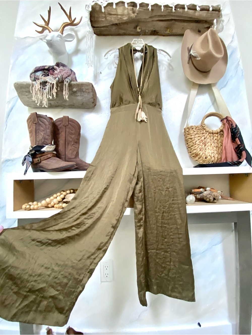 ZARA olive satin wide leg boho jumpsuit w resort vacay beach vibev